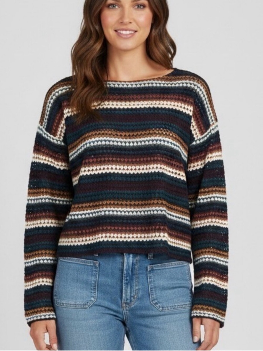 GILLI Open Knit Cropped Sweater Top Striped Metallic Teal Plum Large NWT NEW